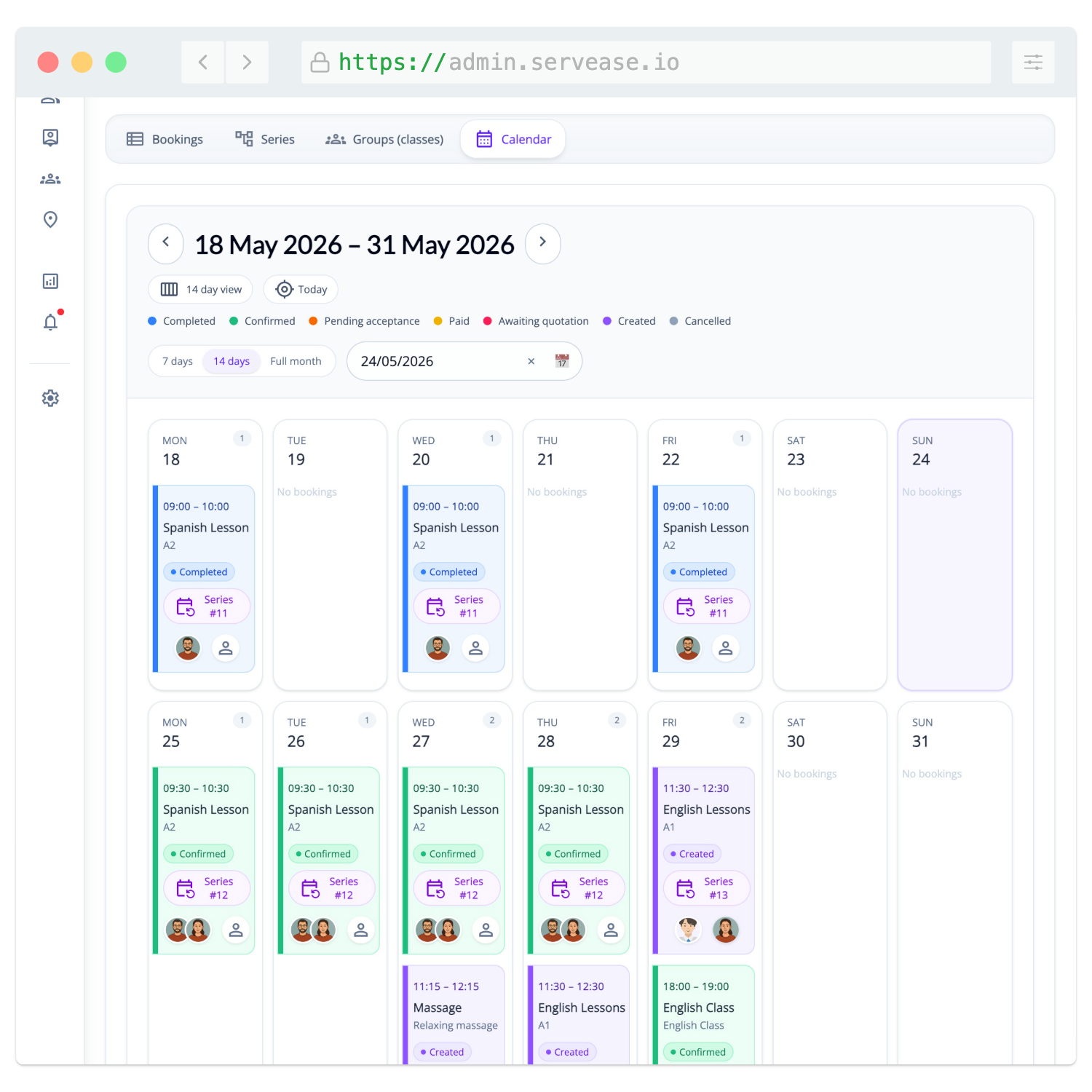 ServEase bookings calendar in the admin workspace