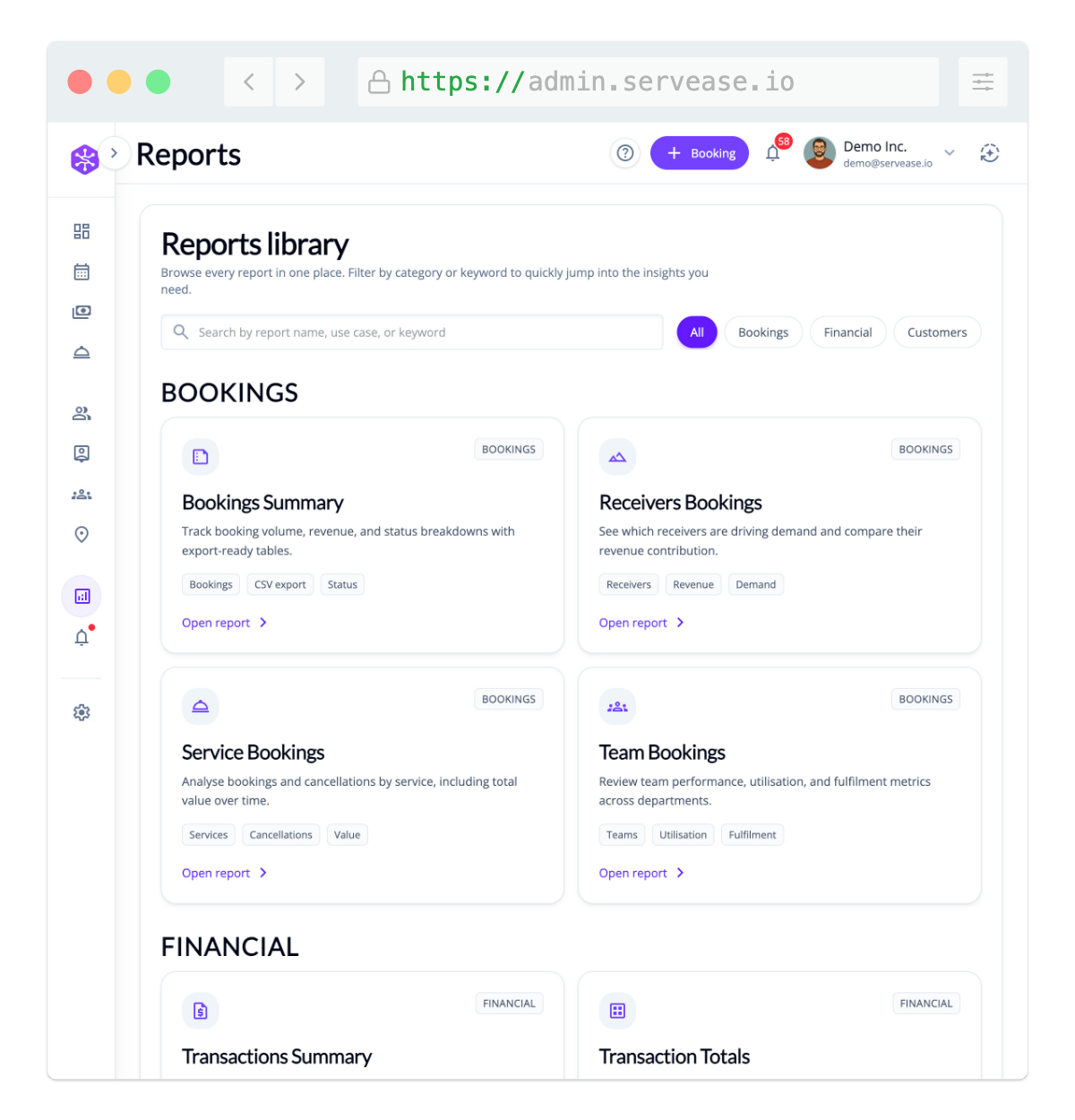 ServEase reports library in the admin workspace