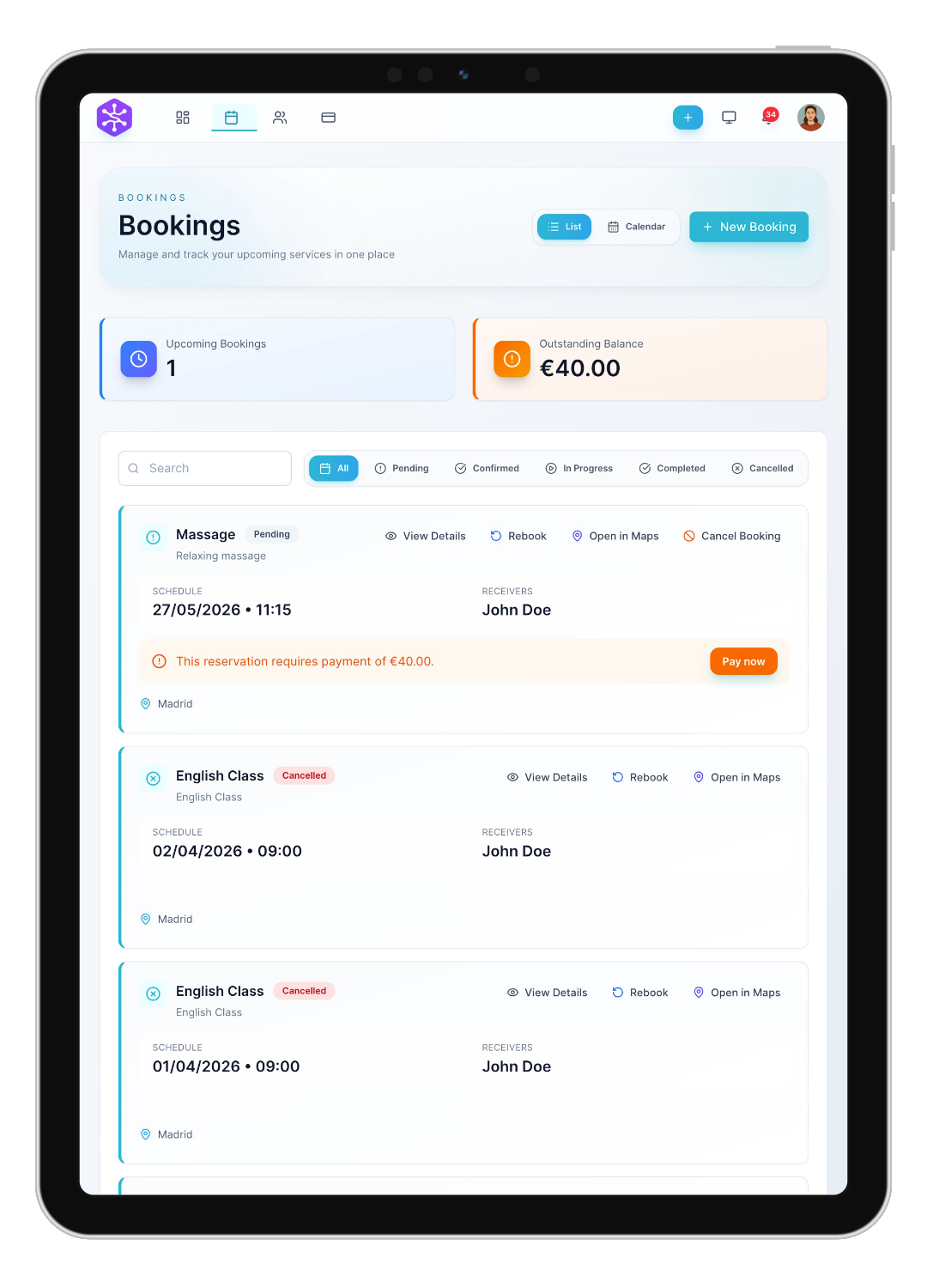 ServEase customer panel with booking history