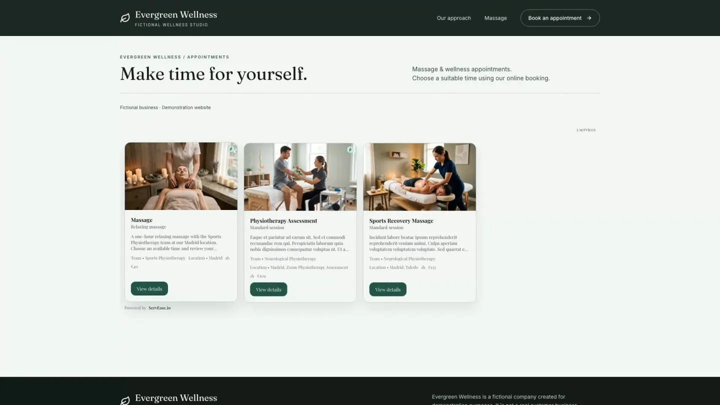 Evergreen Wellness fictional website showing the ServEase service grid without a booking dialog
