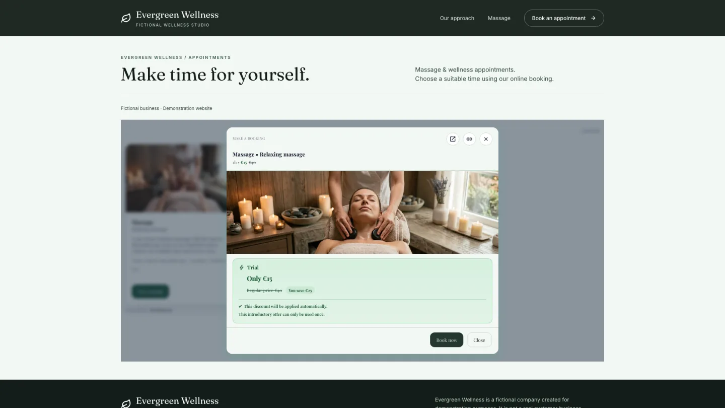 Evergreen Wellness fictional website showing a ServEase service overview