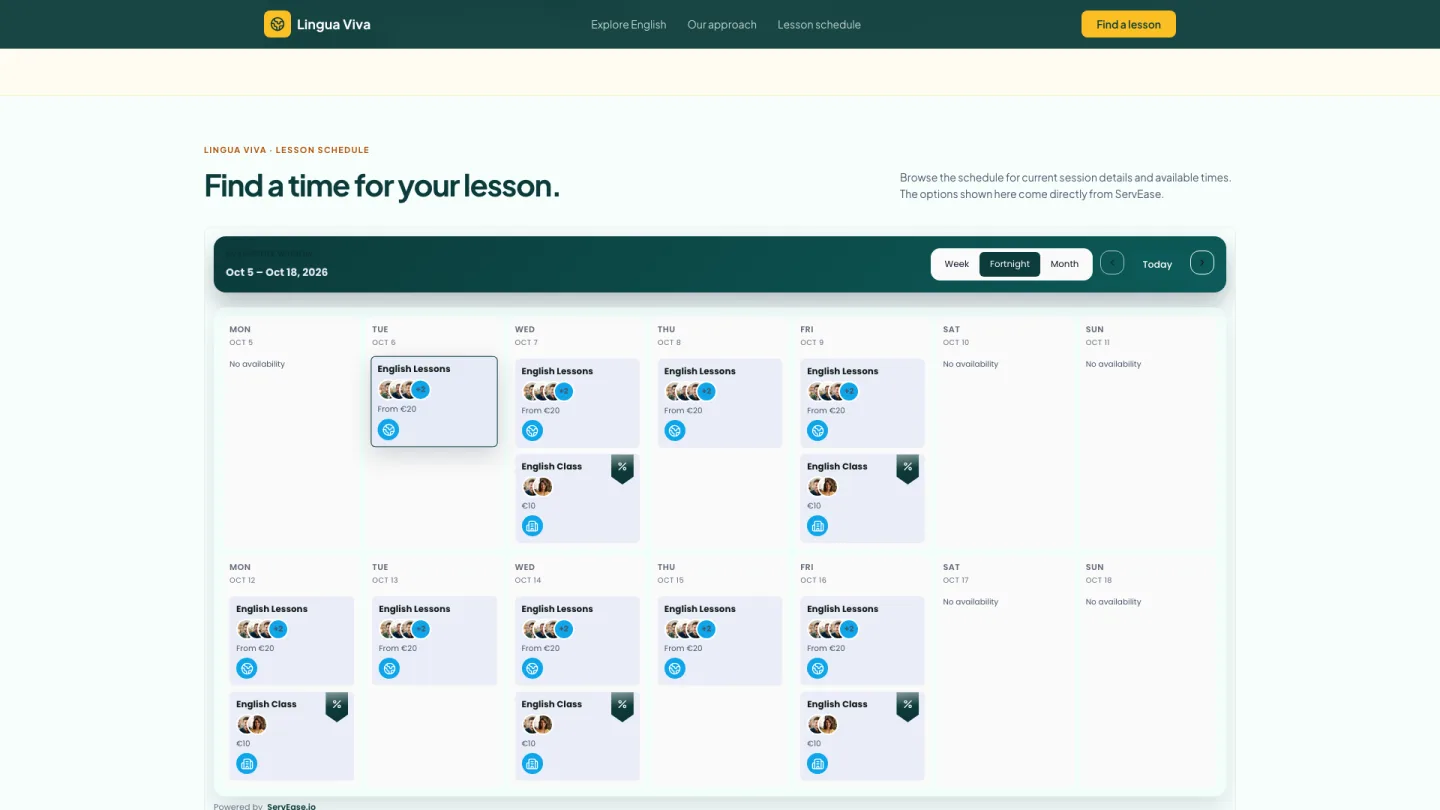 Lingua Viva fictional language-school website with an embedded ServEase calendar widget
