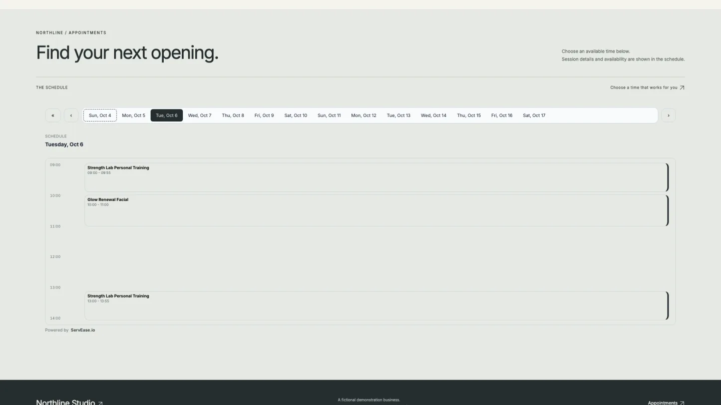 Northline Studio fictional website with an embedded ServEase timetable widget