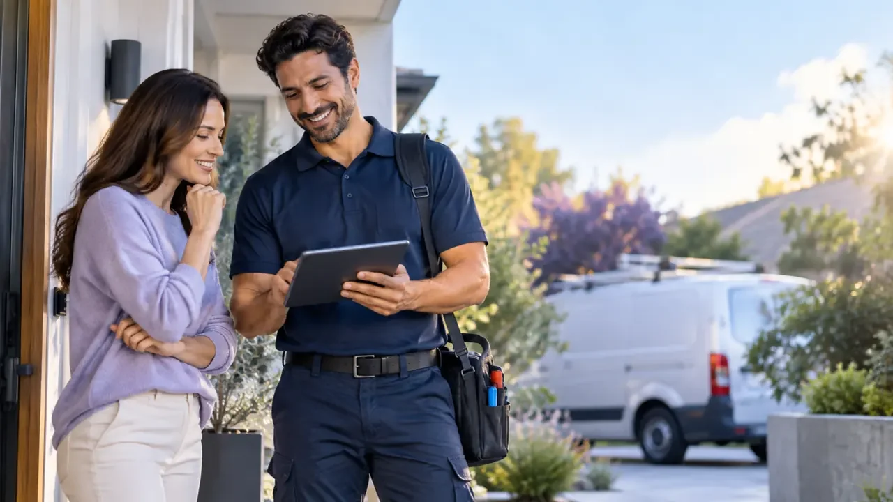 A service provider talks with a customer at the customer’s location before starting a booked visit.