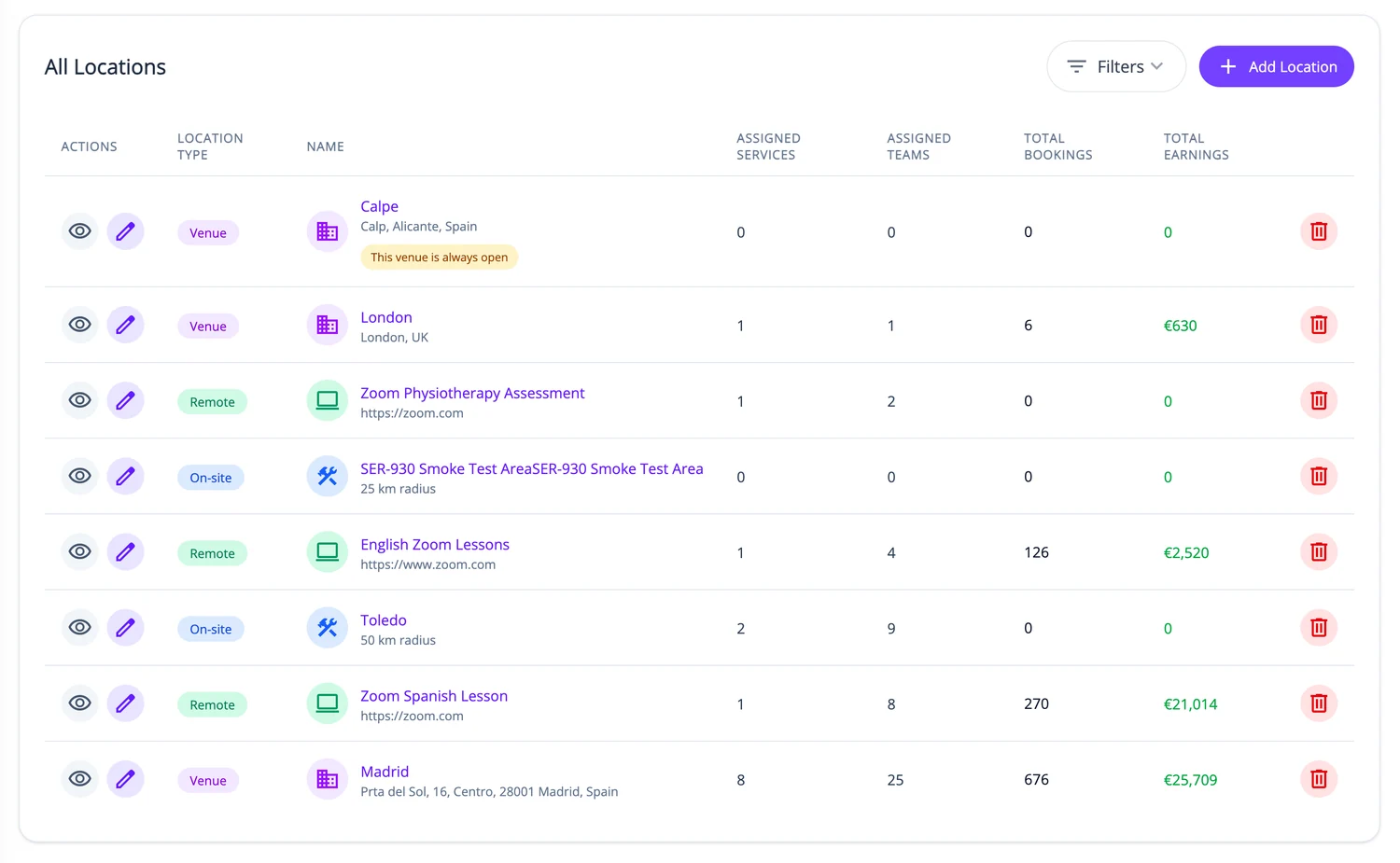ServEase Admin location catalog showing venue, remote and on-site location types.