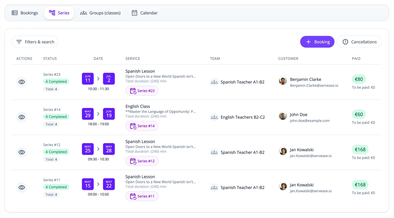 ServEase Admin booking series listing lessons on repeated dates.