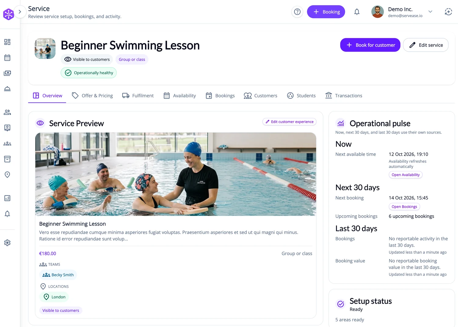 ServEase Admin service overview for a beginner swimming lesson and its configuration.