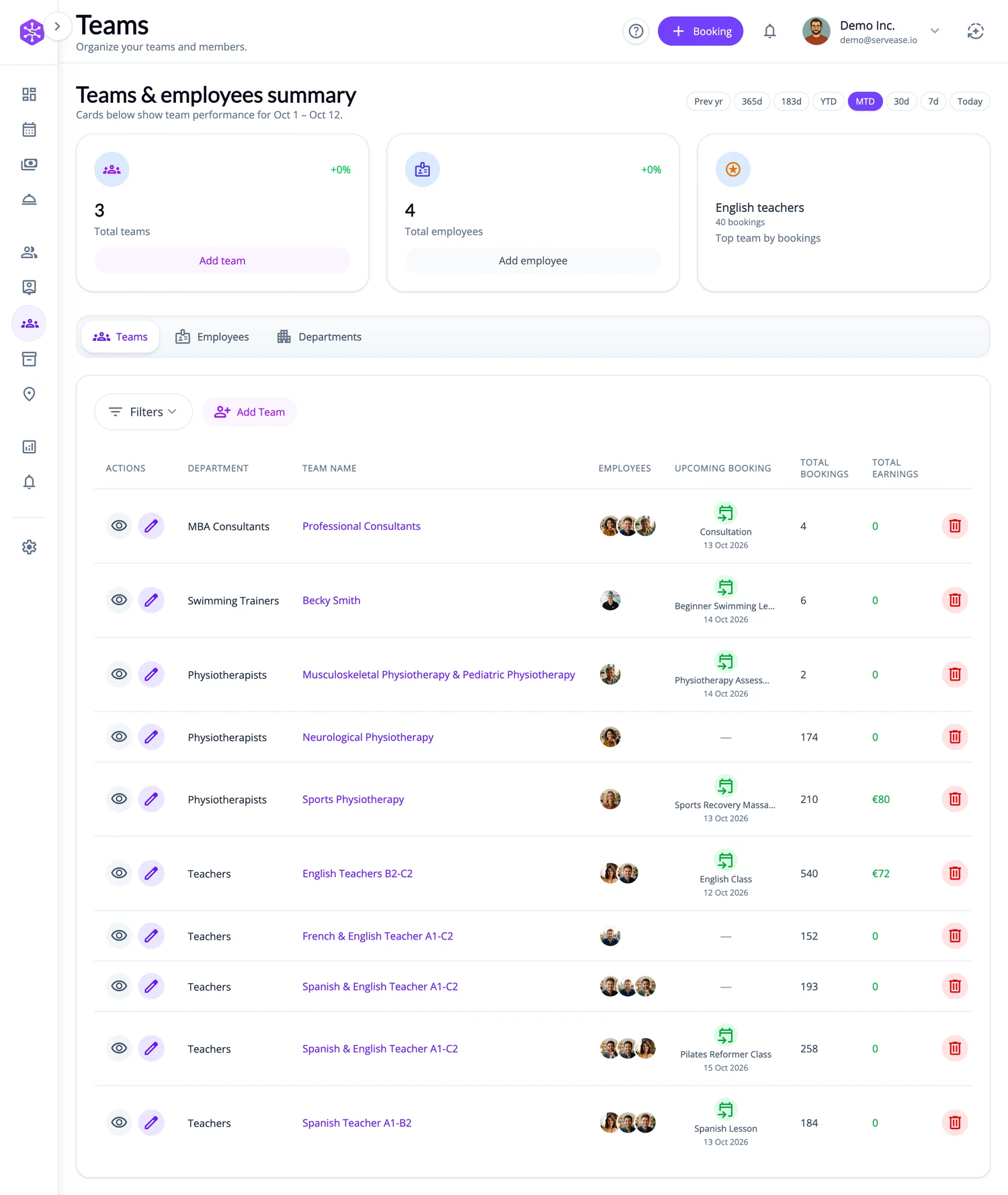 ServEase Admin Teams management view with team names, employee assignments and upcoming bookings.