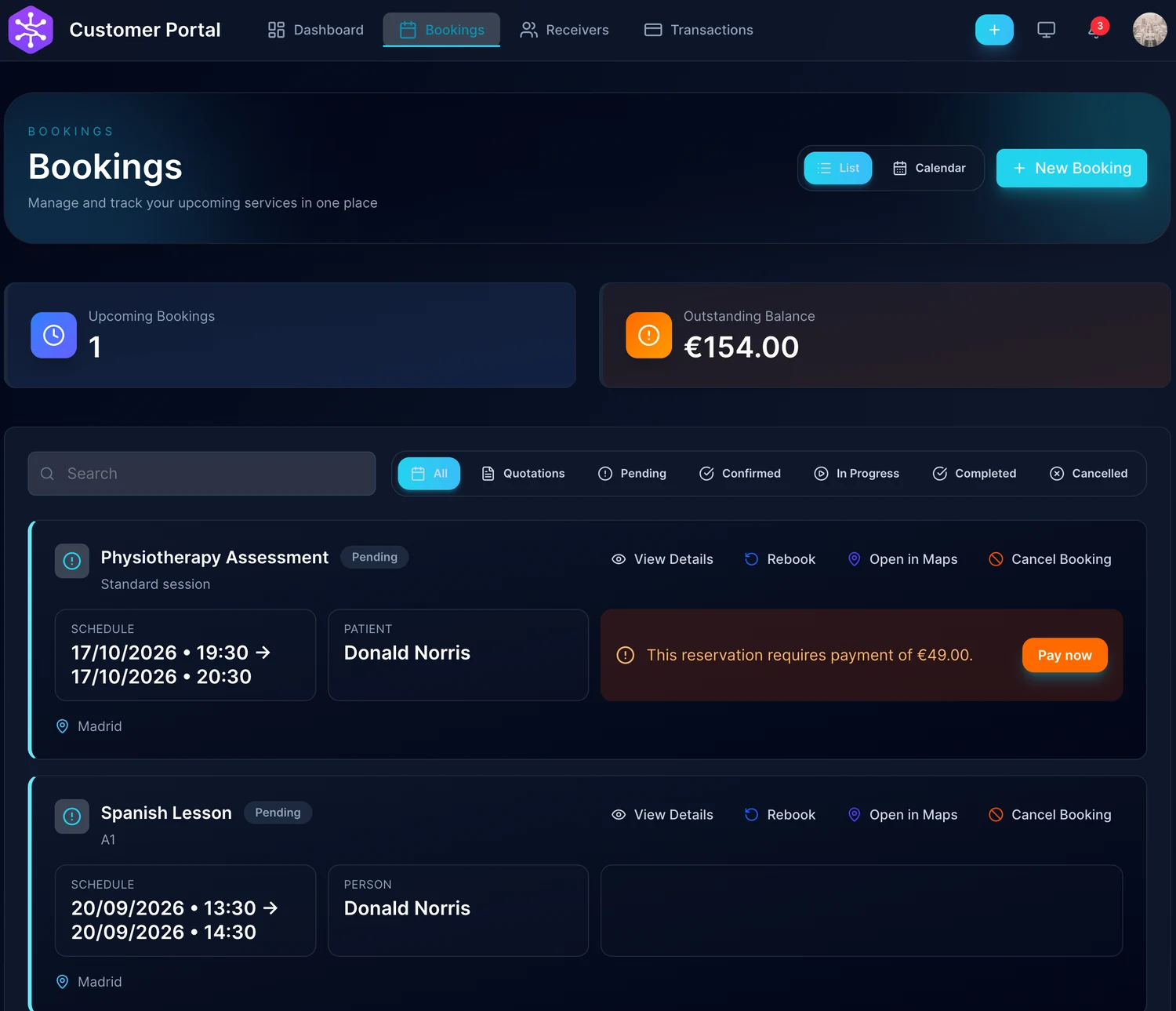 Lista del Portal del cliente con las próximas reservas, sus estados y las acciones de autoservicio disponibles