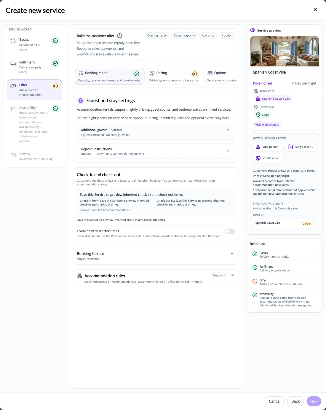 ServEase Admin service wizard for an overnight stay with guest settings, check-in and check-out rules, accommodation rules and a service preview.