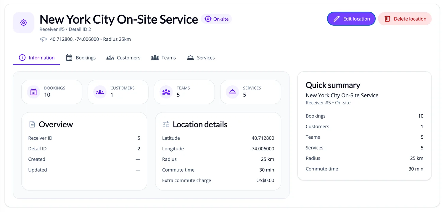 ServEase Admin detail for an on-site Location showing its coordinates, a 25 km radius, a 30-minute commute time and the extra commute charge.
