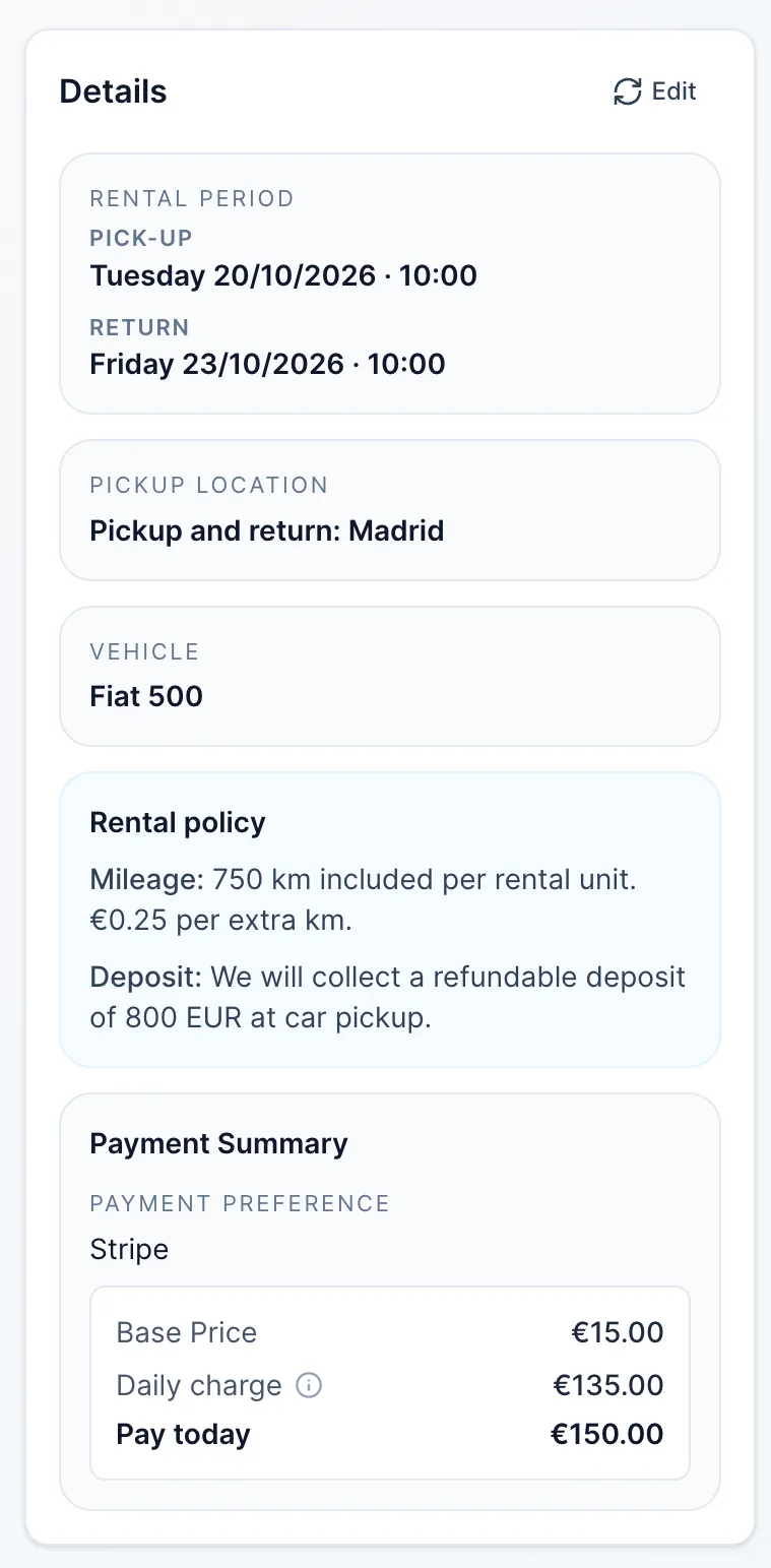 Customer Portal rental details for City Car Rental with pick-up and return times, Madrid pickup, a Fiat 500, rental policy and payment summary.