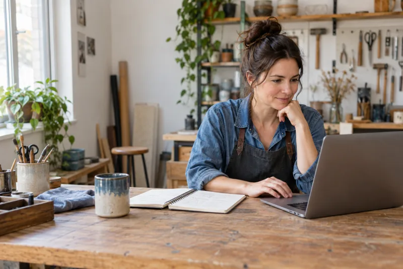 A service-business owner reviewing bookings beside a laptop in her workshop