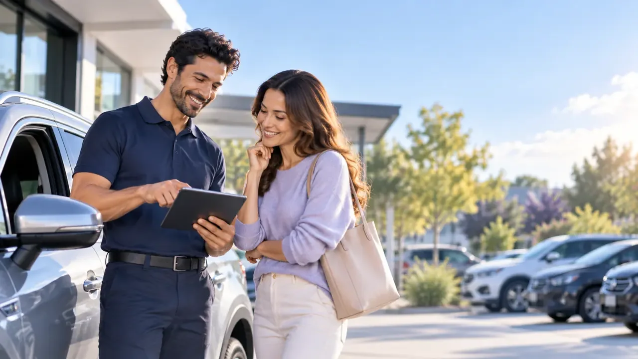 A rental staff member hands a car over to a customer at the start of a booked rental.