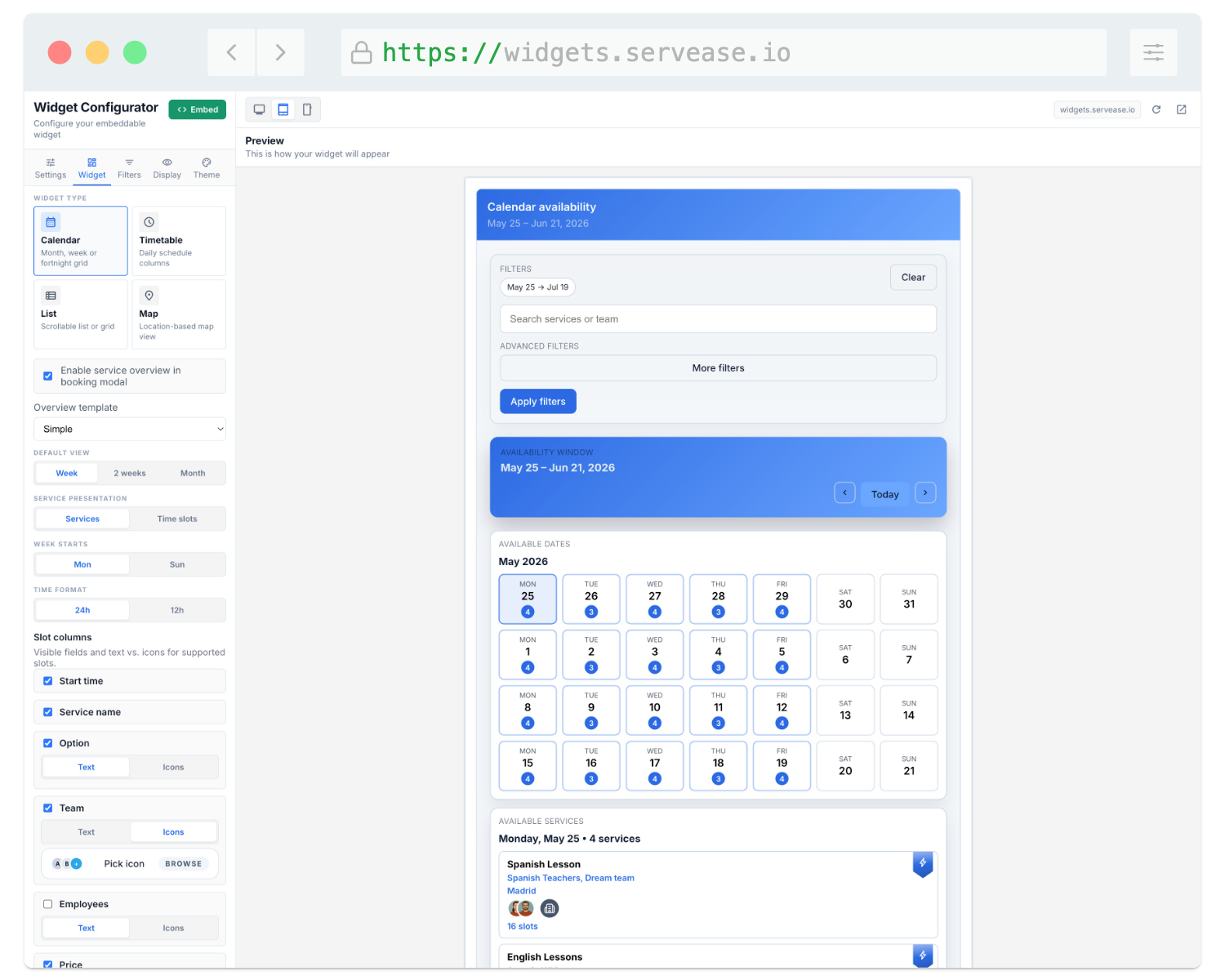 ServEase widget configurator in the admin workspace